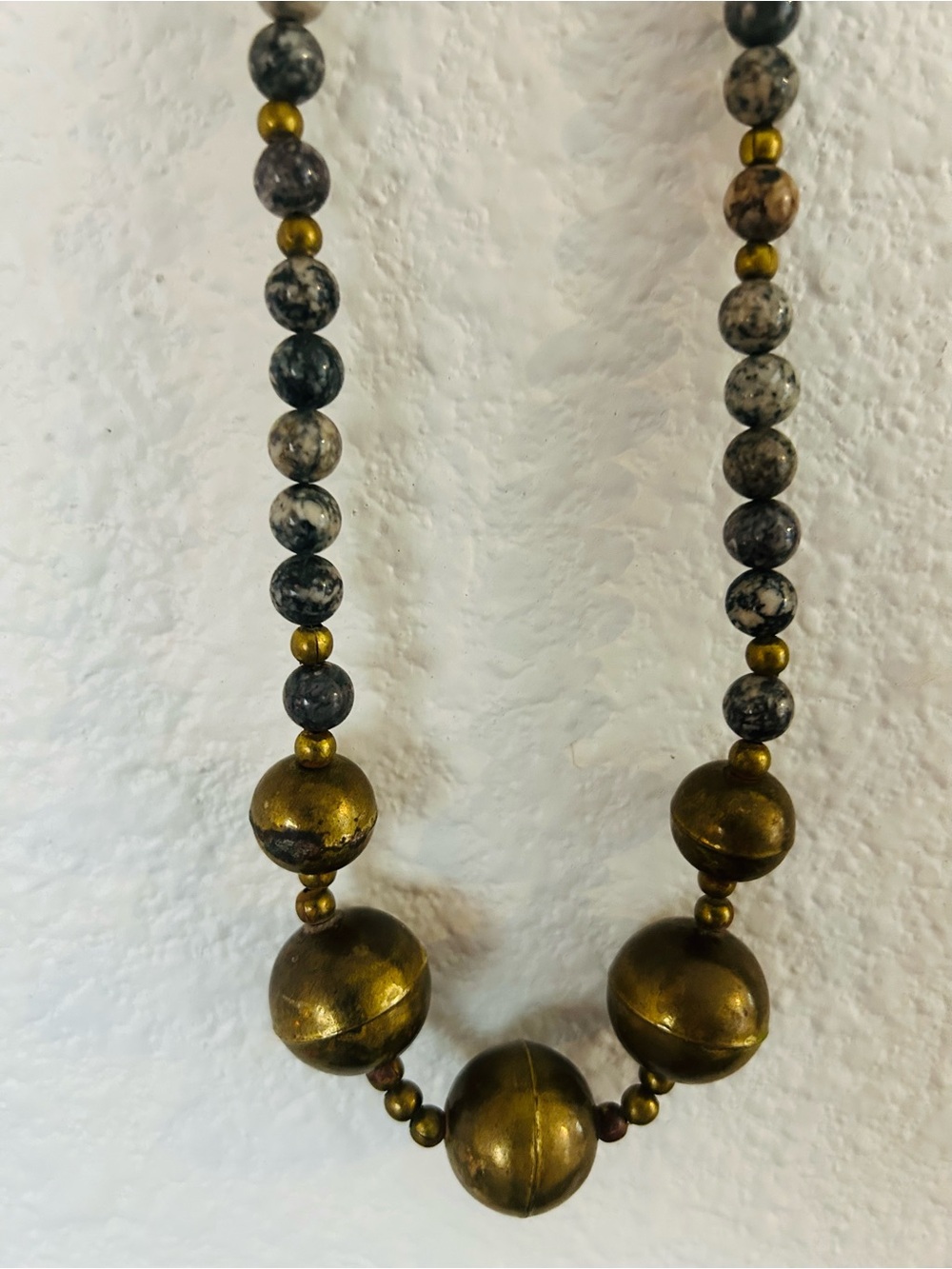 Gold-Tone Beaded Necklace with Gray Marbled Beads